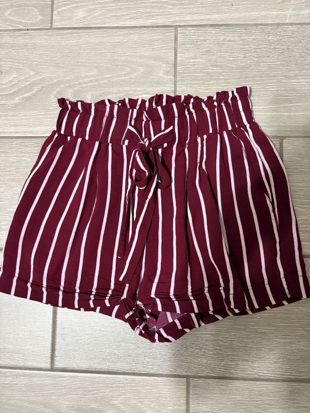 Women's Burgundy Striped Paperbag Waist Shorts